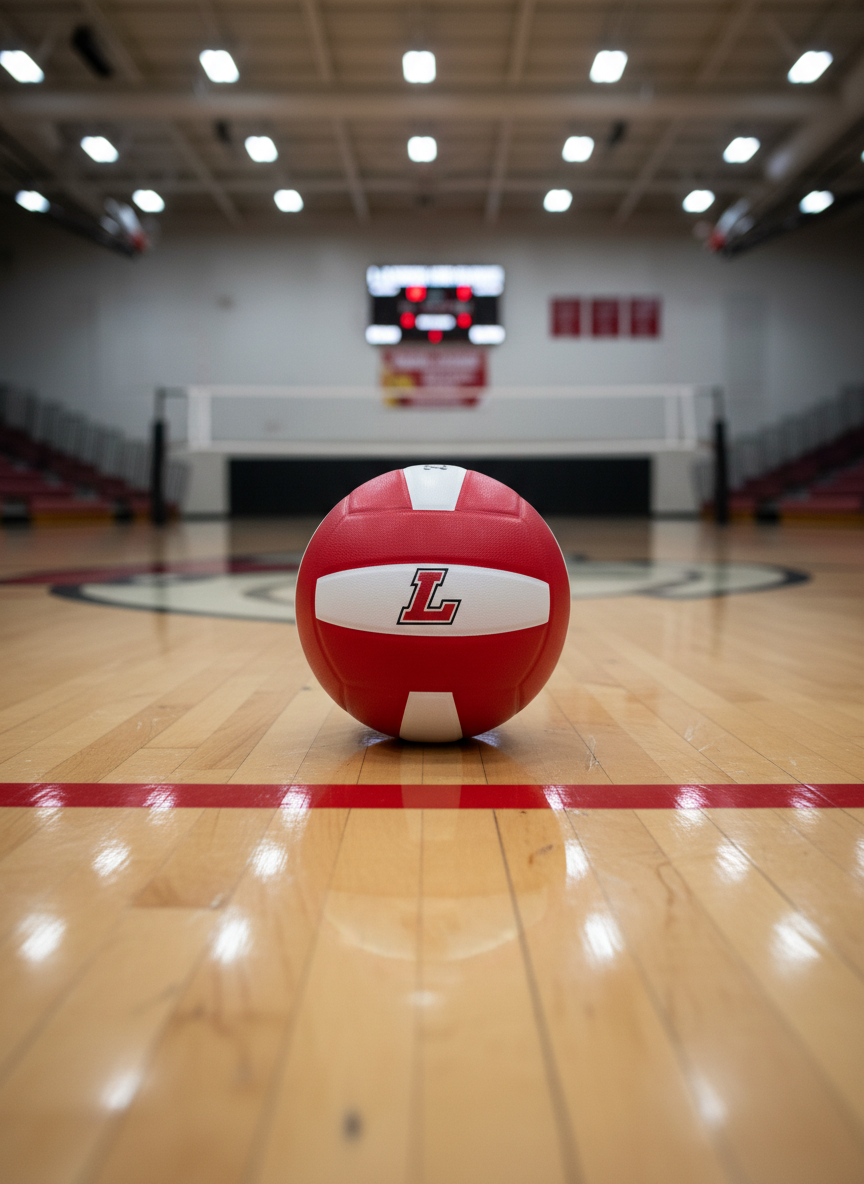 A pristine, officially-sized red and white volleyball with the Landrum High “L” logo crisply printed on one panel, resting at center court on a gleaming hardwood gym floor. The polished maple boards show subtle game scuffs and reflect the court’s bold red boundary lines and the faint outline of the LHS Cardinals mascot at midcourt. Overhead, bright but diffused gym lighting creates clean highlights on the ball’s textured surface and soft shadows stretching behind it. Shot at low, eye-level with the ball, using shallow depth of field so the distant bleachers and scoreboard dissolve into a soft blur. The photographic realism and clean, modern composition convey a professional, competitive atmosphere suitable for a varsity volleyball program homepage hero image.