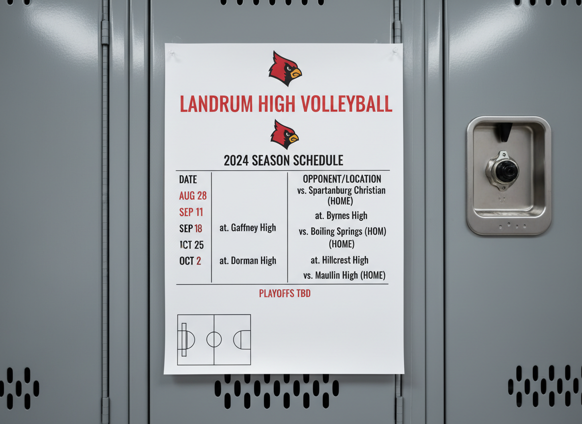 A close-up, photographic shot of a detailed Landrum High Volleyball game schedule poster pinned to a matte gray locker room wall, the paper crisp and white with bold red and black typography listing match dates, opponents, and locations in clean columns. A red-and-black cardinal emblem sits at the top, while a small silhouette of a volleyball court diagram occupies a corner. The surrounding brushed metal lockers are softly out of focus, their surface catching gentle reflections from cool, overhead fluorescent lights. The lighting is even and subdued, creating minimal shadows and a focused, professional mood. The camera is positioned at eye level, framing the schedule prominently in the center, perfect for visually representing season schedules or upcoming events information on the site.