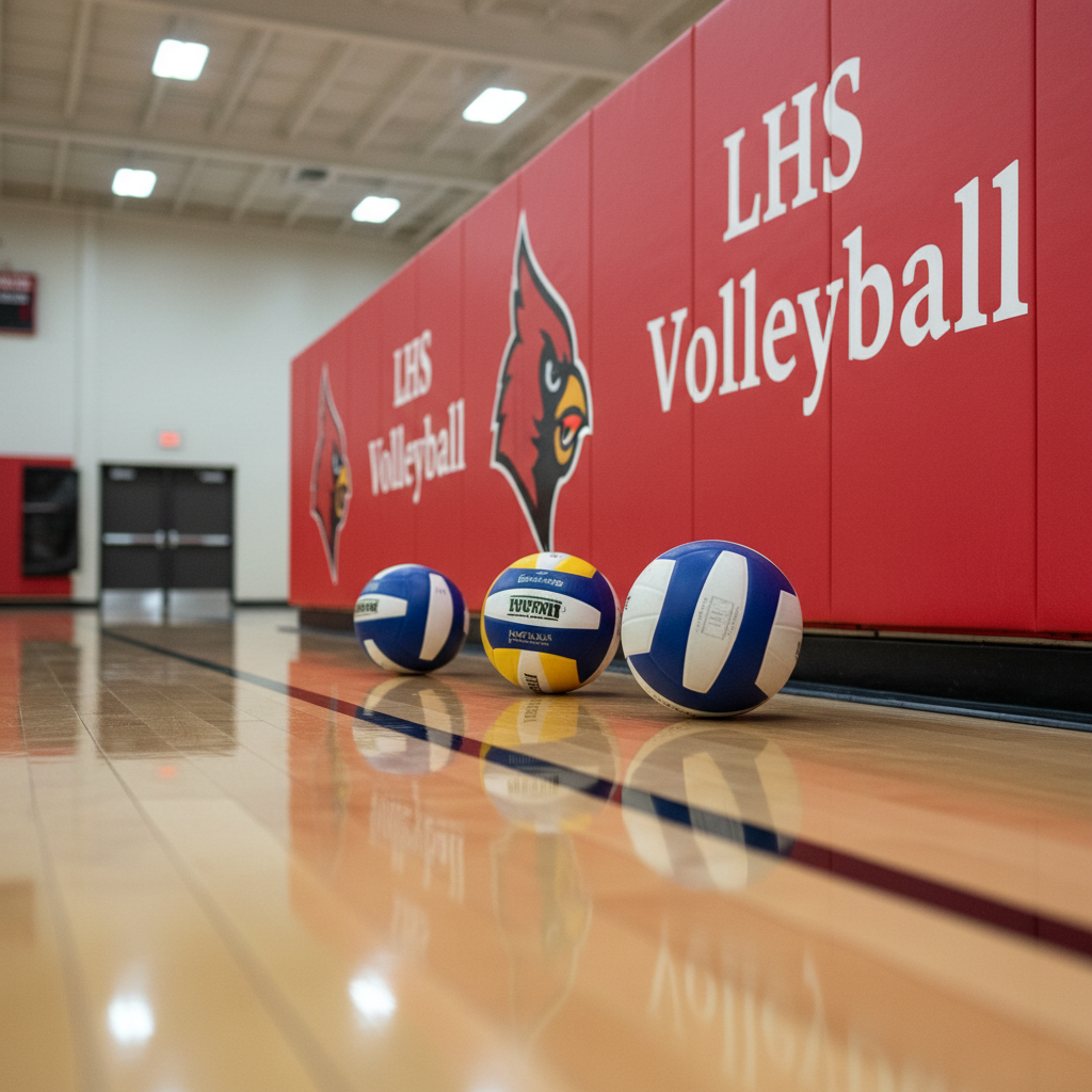 A neat row of three high-quality volleyballs aligned along the sideline of the Landrum High gym, each with visible textured panels and subtle wear from regular competition. They rest against a bright red padded wall emblazoned with a sharp “LHS Volleyball” wordmark and a stylized cardinal logo. The glossy hardwood floor reflects the balls and red padding in soft, elongated shapes. Overhead LED gym lights create even, neutral illumination with gentle specular highlights on the balls. Captured from a slightly elevated angle with a strong rule-of-thirds composition, the background softly blurred to emphasize the equipment. The photographic style feels organized and professional, evoking a sense of readiness before a home match and suitable for roster or program information pages.