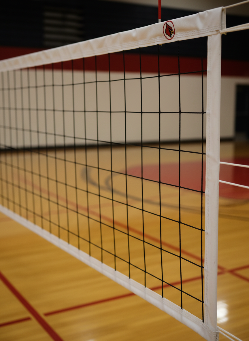 A dramatic, photographic close-up of a taut volleyball net stretched across the Landrum High gym, its white tape border sharply defined with a small embroidered cardinal logo tag stitched at the top corner. The black nylon mesh is pulled tight, with the polished hardwood floor and bold red attack lines receding into a smooth, defocused background. Intense, directional light from one side of the gym creates a subtle gradient across the net, highlighting individual fibers and casting a delicate shadow pattern on the floor below. Captured from a low, angled perspective along the net’s length, the composition emphasizes depth and focus, evoking intensity and competitive energy ideal for pages highlighting match recaps or team news.